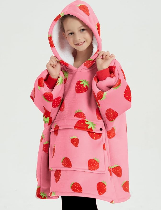 KFUBUO Wearable Blanket Hoodie for Kids Sherpa Patterns Oversized Sweatshirt Blanket With Pocket 6-10 Year Old Girl Cute Hoodies Gift Strawberry