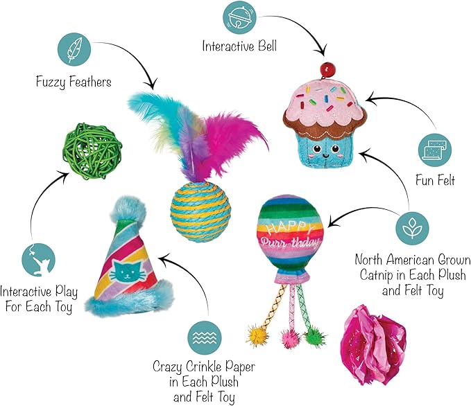 Fringe Studio "Happy Purr-THDAY, Set of 6, Multipack Cat Toy Set, Pet Shop Collection (610007)