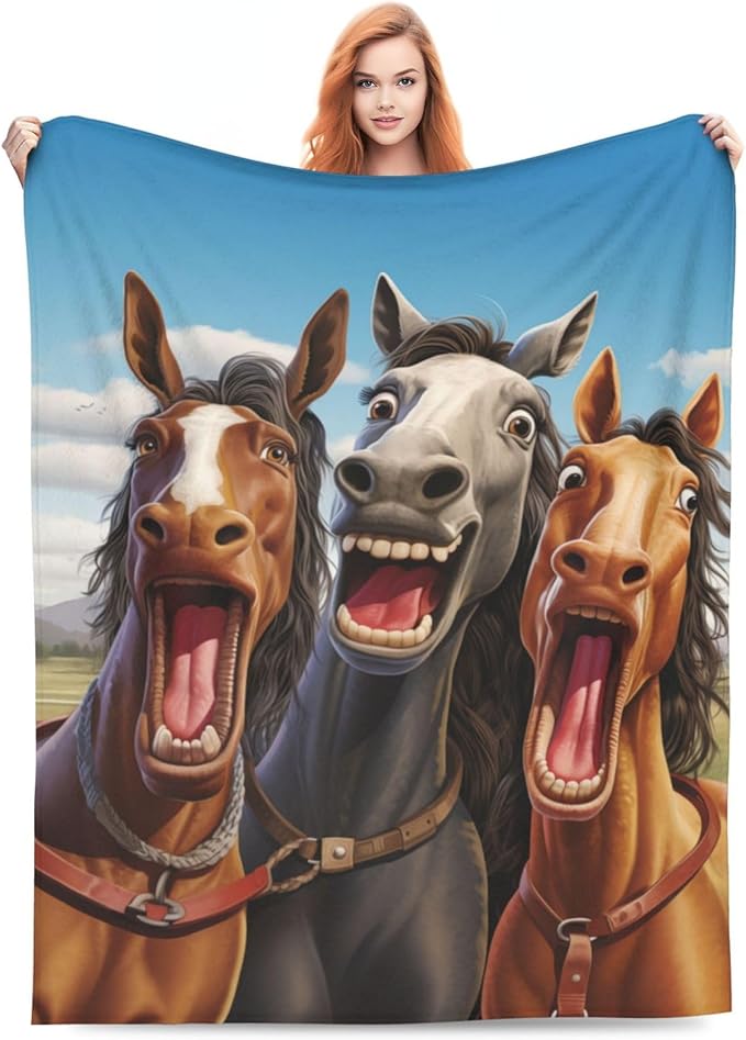 FUUNY Horse Blanket Animal Pattern Print Flannel Throw Blankets for Home Couch Bed Sofa Soft Fuzzy Lightweight Decor Gifts for All Season 60x50 Inches