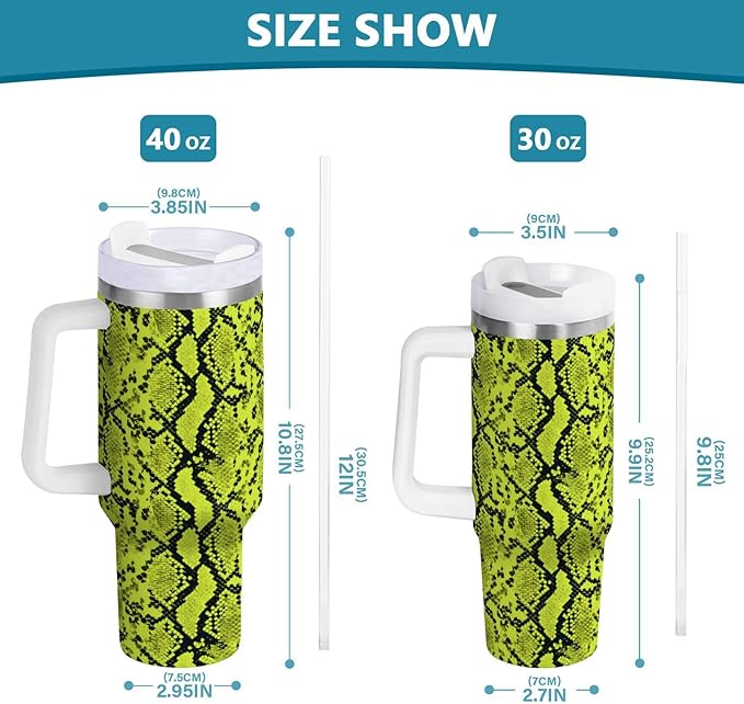 Boccsty Neon Green Snakeskin Insulated Tumblers Reusable Stainless Steel Tumbler 40 oz Cup Coffee Travel Mug Water Bottle with Handle & Flip Straw for Home Office Car