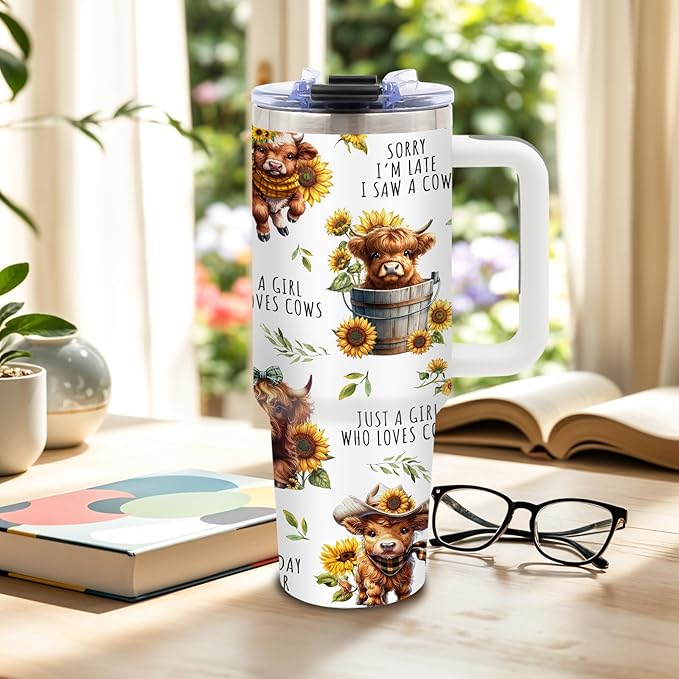 Highland Cow Gifts for Women, Cow Tumbler Flowers, Highland Cows Gift for Girls, Funny Cute Just A Girl Who Loves Cows, 40 Oz Tumbler with Handle
