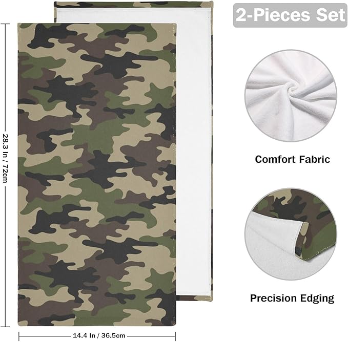 2 Pack Green Camouflage Hand Towels for Bathroom,Soft Absorbent Black Brown Army Hunting Camo Themed Bath Hand Towels for Kitchen,Decorative Guest Bathroom Towels for Face,Shower,Gym 14"x28"