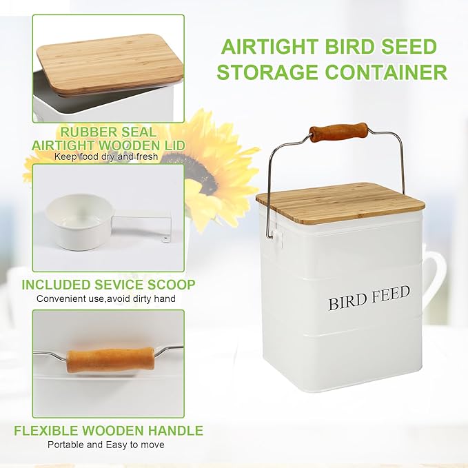 Bird Seeds storage container, Metal food tin for Birds, pet snacks Canisters with wooden lid/handle/sevice scoop,hold 5-6 lbs