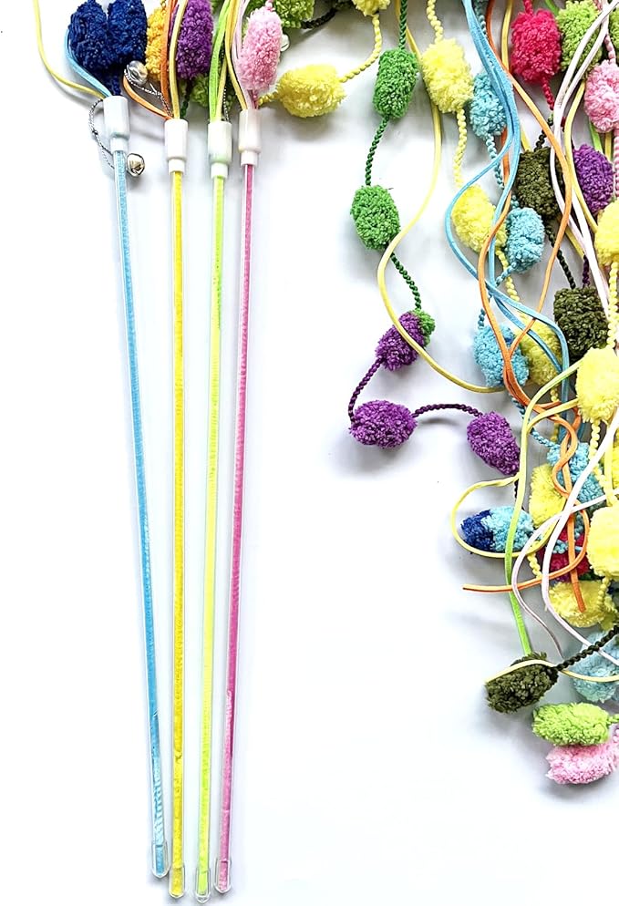 IUHKBH Cat Toys, 4 Pcs Plush Srtip Cat Wands Interactive Cat Teasing Stick Vibrant Cat Teaser Wands with Bell for Cat Kitten Having Fun Exerciser Playing