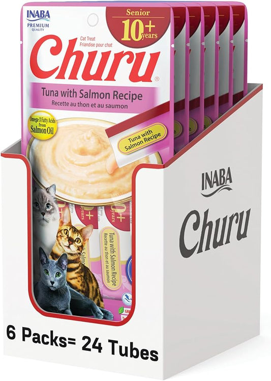 INABA Churu for Senior 10+, Creamy Lickable Cat Treats with Taurine, Vitamin E & C, 0.5 Ounces Each, 24 Tubes (4 per Pack), Tuna with Salmon Recipe