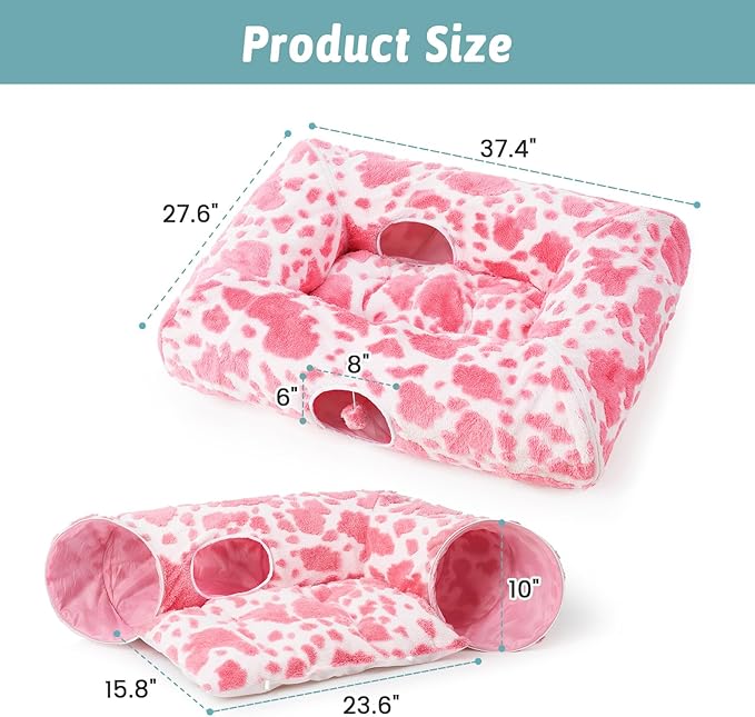 Cat Tunnel Bed for Indoor Cats - Cute Cat Donut Tunnel with Washable Circle Cushion, Round Pet Play Tunnel Toy for Kitten/Puppy/Rabbit,Pink