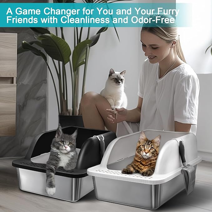 2 Pack Stainless Steel Cat Litter Box with Lid, Enclosed Sides Extra Large Matel Litter Box for Big Cats, XL Steel Litter Pan for Multiple Cats with Cat Litter Scoop, Easy Cleaning