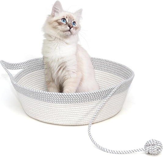 Cat Bed Basket, Hand Woven Cat Bed with Toy Tail, Cotton Rope Cat Bed, Cat Foldable Sleeping Basket, Kitten Shaped House for Cats, Puppies, Rabbits and Small Pets (Medium, Gray & White)