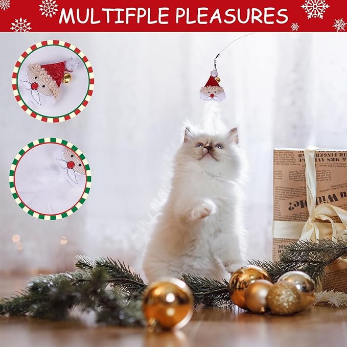 Pet Soft Cat Toys Feathers Wand Christmas Interactive Cat Toy Kitten Toys Retractable Cat Wand Toy and 7 Feather Teaser Refills with Bells Cat Toys