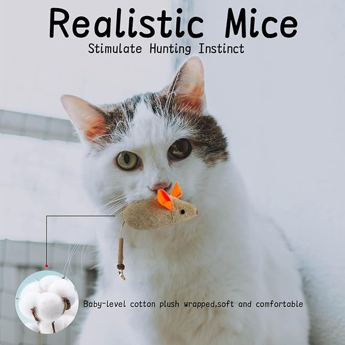 3Pcs Organic Cat Toys with Bells, Cat Chew Toy Large Mouse Toys for Cats, Cat Catnip Toys with Bell, Catnip Cat Mouse Toys, 8.9inch Cat mice Bell Organic Cats Toys