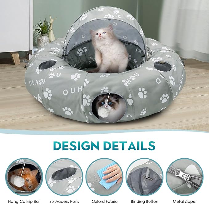 Cat Tunnel Bed, Cat Tunnels for Indoor Cats, Cat Donut Tunnel with Mat, Straight Tunnel, 4 Hanging Balls and Blackout Tent, Collapsible Peekaboo Cat Cave
