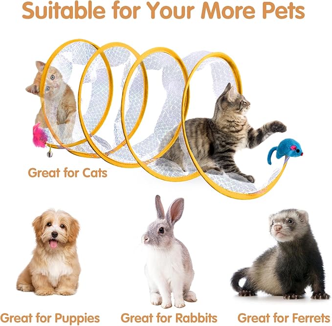 Abnaok Folded Tunnel Cat Toys, Interactive Indoor Cat Tunnels, Safe and Durable, Portable and Foldable, S-typed Spring Design