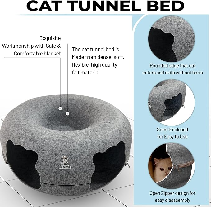 Peekaboo Cat Tunnel Bed-Large, Scratch-Resistant Donut Cave for Indoor Cats Up to 30-45 lbs, Detachable & Washable Design, Perfect Cozy Play & Rest Spot for Cats and Small Dogs (Ligh Grey, Large)