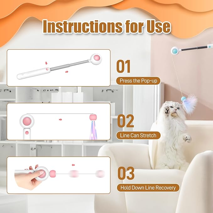 Cat Feather Toys, Retractable Cat Wand,Cats Interactive Toys, Three-Function Cat Toy, Cat Teaser Toy for Indoor Cats