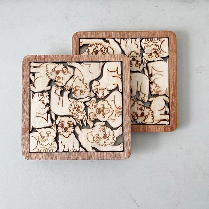02 Schnauzer Dog Puzzle Wooden Coasters- Interlocking Jigsaw Drink Mats with Laser-Cut Design for Pet Lovers (Schnauzer Dog Coasters)