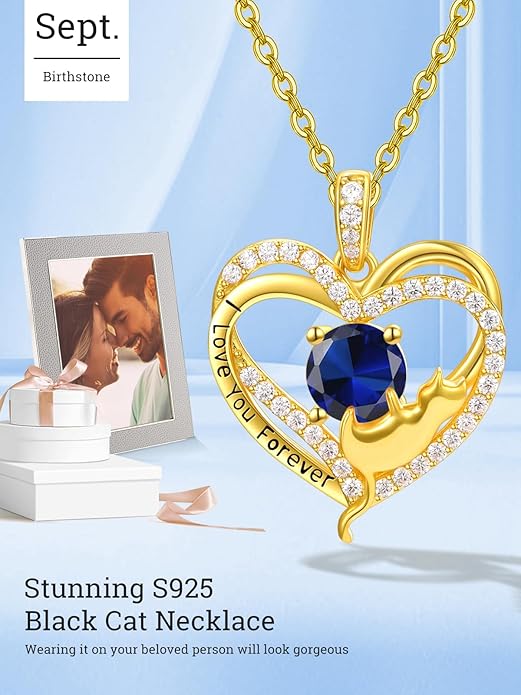 Birthstone Cat Necklaces,925 Sterling Silver Cat Necklace Heart Pendant for Women,Dainty Animal Jewelry for Her,Wedding Anniversary Birthday Gifts for Women Mom Grandma