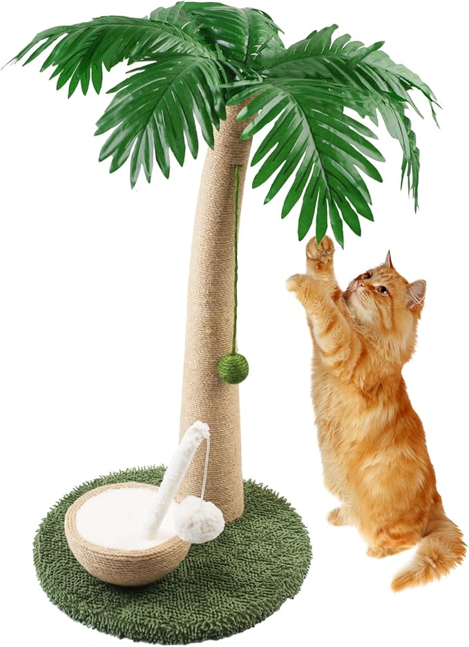 Cat Scratching Post, 27" Tall Scratch Tree Coconut Palm with Premium Sisal Rope, Simulated Leaves and Coconut cat Scratching Ball,Toys for Indoor Kittens and Cats (Cat Teaser Stick)