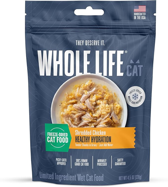 Whole Life Pet Freeze Dried Cat Food - Human-Grade Wet Cat Food Toppers & Complement, Natural Broth for Cats, Hydrating Snacks, Lickable Treats, Just Add Water – Shredded Chicken, 3 Oz