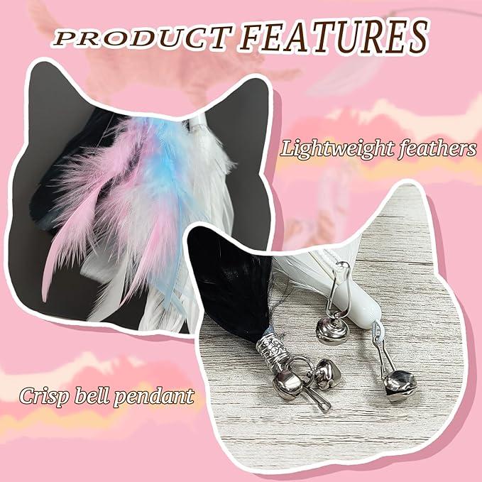 BOROLA 3 PCS Cat Feather Teaser Replacement Heads, Cat Wand Replacement Feathers with Bell, Interactive Cat Toy Attachments for Indoor Cats, DIY Cat Accessories(White, Black, Multi-Colored)