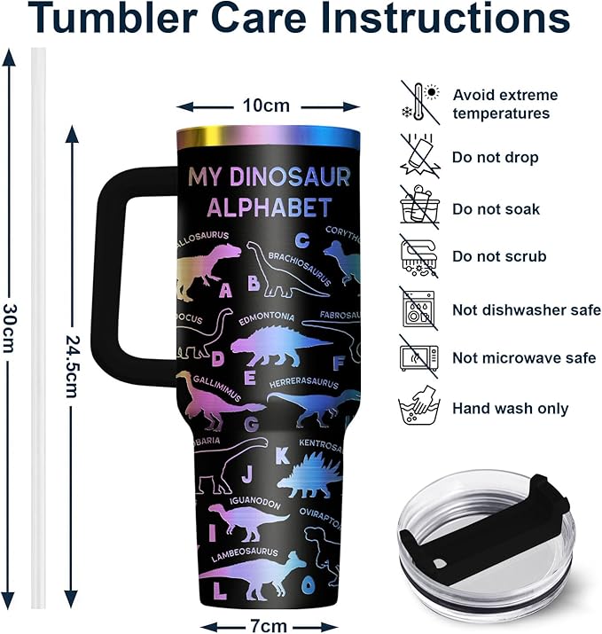 34HD 40oz Glitter Dinosaur Tumbler with Handle and Straw, 40oz Vacuum Insulated Dinosaur Alphabet Coffee Mug, Animal Lover Gifts for Kids Boys Girls Women Mothers Day
