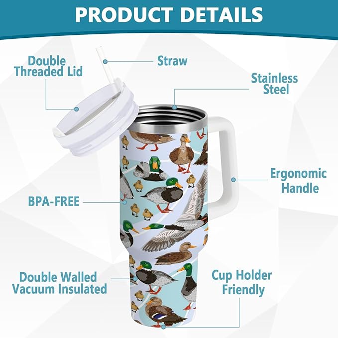 Boccsty Mallard Ducks Insulated Tumblers Reusable Stainless Steel Tumbler 30 oz Cup Coffee Travel Mug Water Bottle with Handle & Flip Straw for Home Office Car