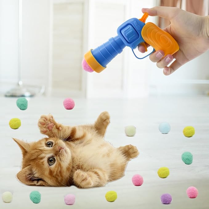 Andiker Cat Toy Balls Set, 30pcs Plush Cat Pom Pom Balls & a Plastic Cat Fetch Toy Launcher Set for Cat Catch and Fetch Interactive Cat Toy with Colorful Cat Balls for Indoor Cat (30 balls+1 launcher)