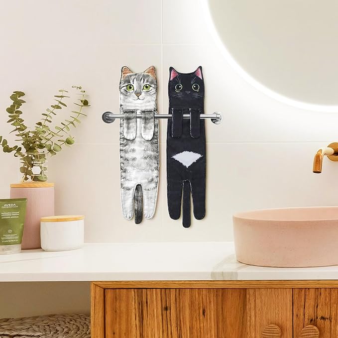 Cat Hand Towels for Kitchen Bathroom - Cute Cat Decor Gadgets - Hanging Soft Absorbent Hand Face Towel - Funny Birthday Mothers Day Housewarming Holiday Unique Gifts for Women Mom Lady Cat Lovers