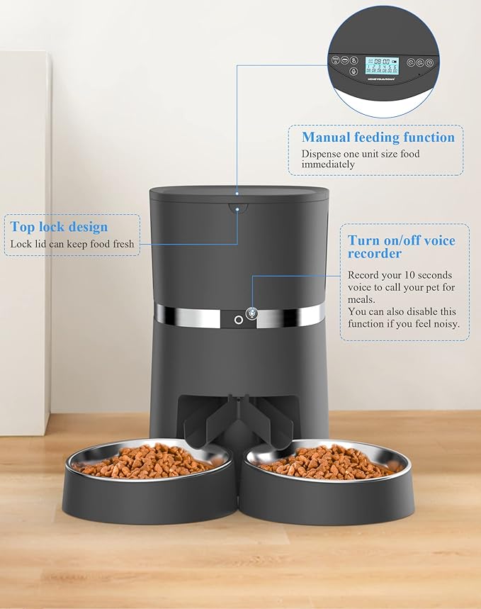 Automatic Cat Feeder, WellToBe Pet Feeder Food Dispenser for Cat & Small Dog with Two-Way Splitter and Double Bowls, up to 6 Meals with Portion Control, Voice Recorder - Battery and Plug-in Power