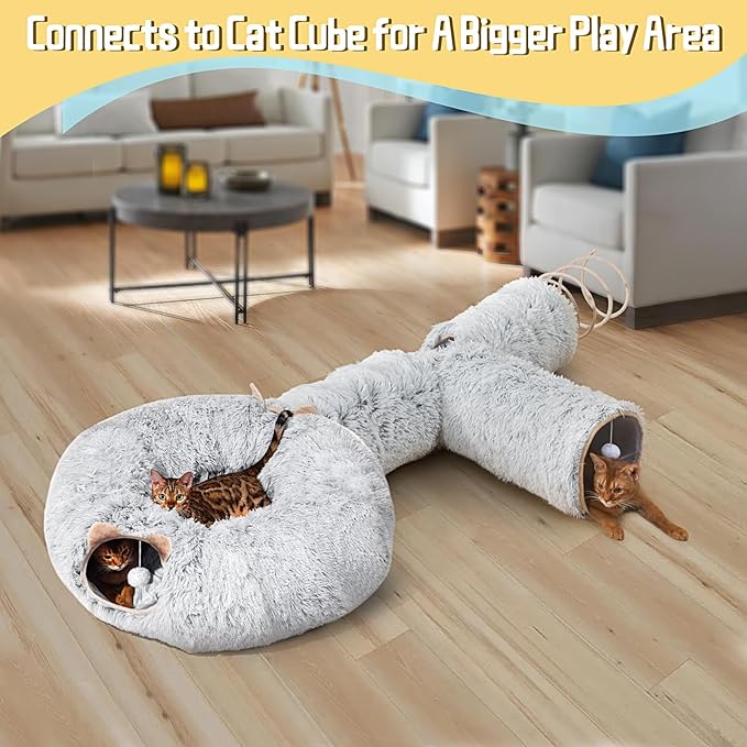 Cat Tunnels with Spring Toys for Bored Indoor Cats, Soft Plush 3 Way Cat Hideaway Tunnels with Cat Balls for Kitten, Rabbit, Ferret, Puppy, Grey
