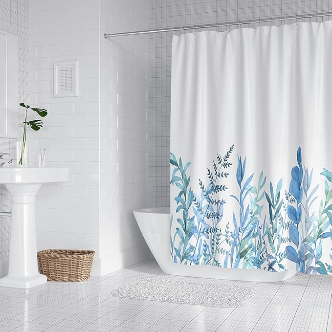 Blue Flower Shower Curtains for Bathroom,Watercolor Plant Leaf Shower Curtain, Eucalyptus Spring Shower Curtain with 12 Hooks, Waterproof Fabric Shower Curtains for Bathroom, 72x72inch