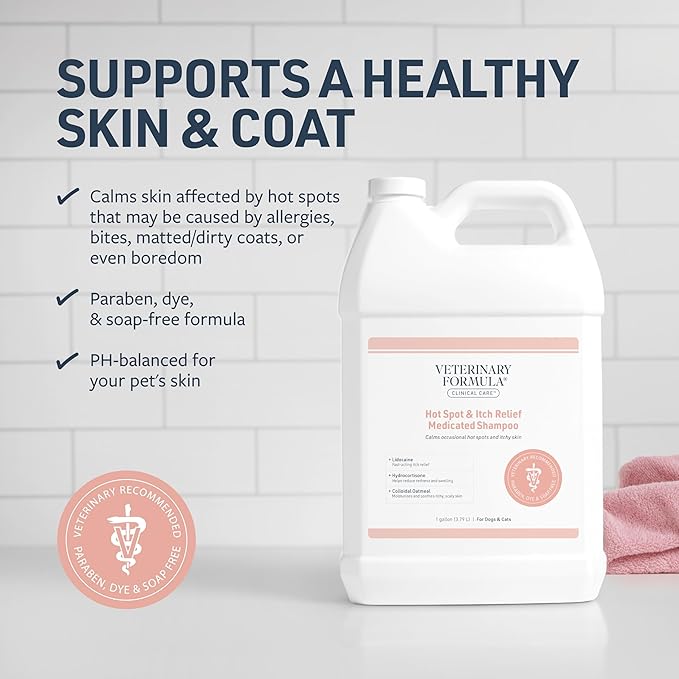 Veterinary Formula Clinical Care Hot Spot & Itch Relief Medicated Shampoo for Dogs and Cats 128oz – Helps Alleviate Sensitive Skin, Scratching, and Licking of Coat