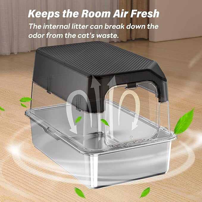 Black Translucent Stainless Steel Cat Litter Box with Lid Metal Extra Large Litter Box Enclosed Stainless Steel Litter Box Deodorize Non Sticky Easy to Clean Include Shovel(Black Translucent)