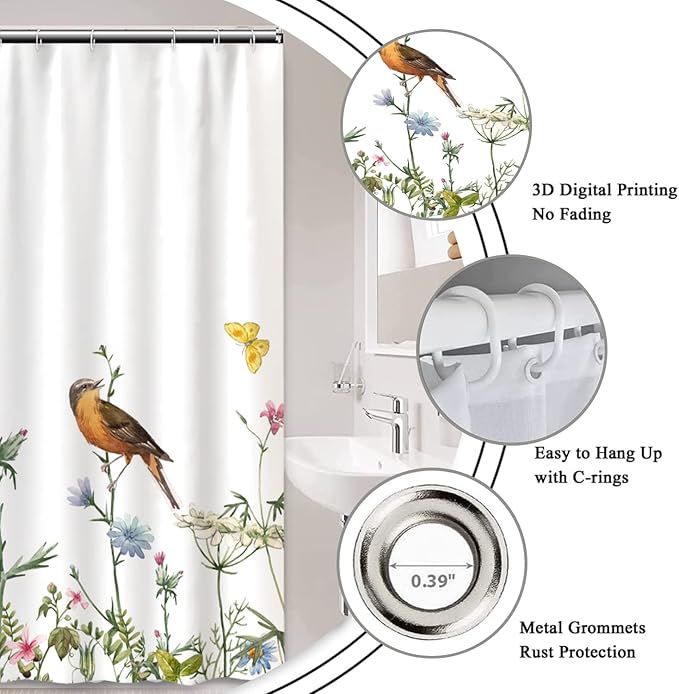 AWERT Small Half Size Stall Shower Curtain with 6 Hooks Funny Bird Shower Stall Curtain for Bathroom/RV and Camper (Bird) 36x72 inch