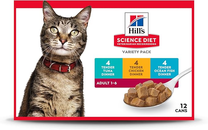 Hill's Science Diet Adult 1-6 Premium Nutrition, Wet Cat Food, Variety Case: Tuna; Chicken; Ocean Fish Stew, 5.5 oz Cans Variety Pack, Case of 12