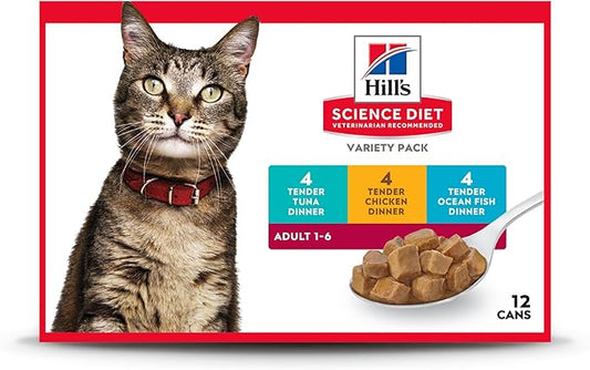 Hill's Science Diet Adult 1-6 Premium Nutrition, Wet Cat Food, Variety Case: Tuna; Chicken; Ocean Fish Stew, 5.5 oz Cans Variety Pack, Case of 12