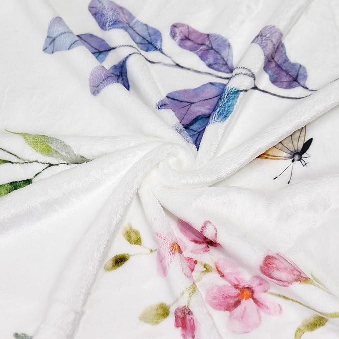 Floral Flower Throw Blanket Botanical Plant Throw Blankets Colorful Flannel Fleece Throw Blankets Watercolor Butterfly Cozy Fuzzy Plush Blanket for Bed Chair Couch 60" X 80"