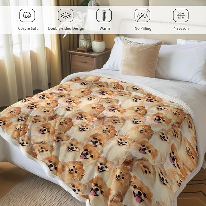 BlessLiving Fuzzy Dogs Blanket - Pomeranian Throw, Reversible Sherpa Fleece, Cute Puppy Design, 50 x 60 Inches