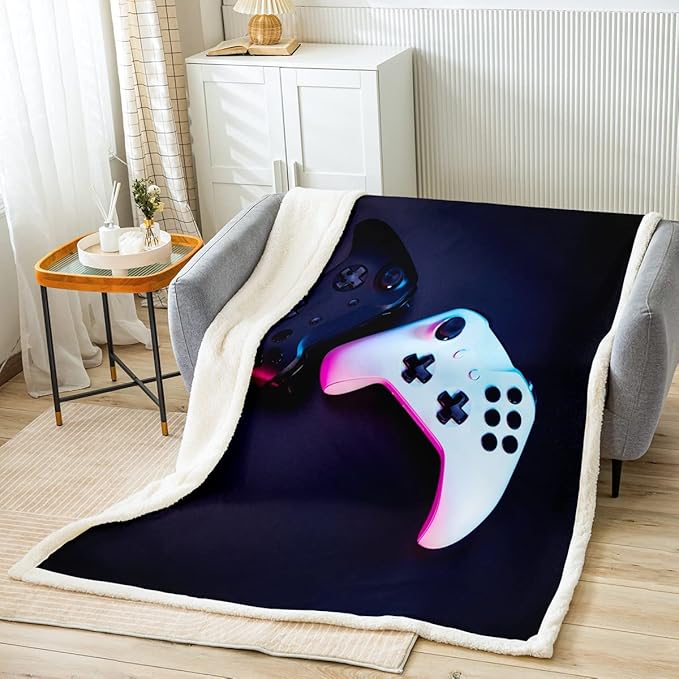 Feelyou Gamer Throw Blanket Kids Boys Video Game Gamepad Fleece Sherpa Blanket Ultra Soft Gaming Gamer Console Blanket Warm Flannel Blanket for Bed Sofa Couch Game Room Decor Reversible 40"x50"