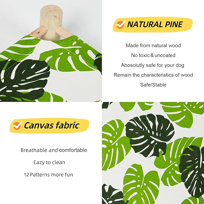 Patas Lague Cat and Dog Hammock Bed Small Dog Bed, Wooden Cat Elevated Cooling Outdoor Bed for All Seasons, Cat Beds for Indoor Cats, Cat Cots Furniture Pet Bed Puppy Bed(Monstera Leaf)