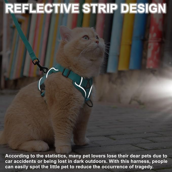 Cat Harness and Leash Set, Upgraded Escape Proof Adjustable Vest with Lead for Kitten Puppy Outdoor Walking, Soft Breathable Mesh Jacket with Reflective Strips for Dark Night (M, Emerald Green)