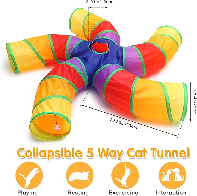Poen 21 Pcs Cat Tunnel for Indoor Cats Set Collapsible 5 Way Cat Tubes with 20 Pcs Cat Toys Kitten Toys Interactive Cat Feather Toy Mouse Crinkle Balls Cat Tube for Puppy Kitten Rabbit(Colorful)