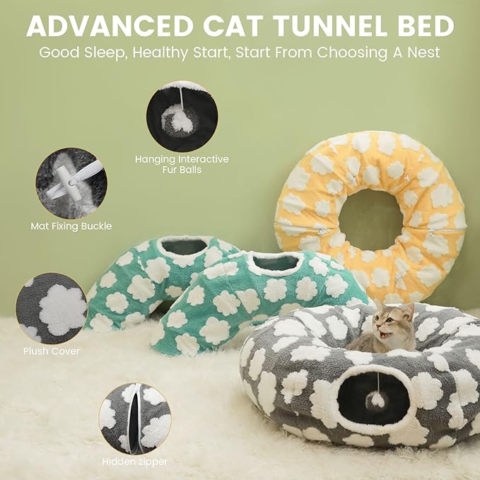 Cat Tunnel Bed for Indoor Cats,Soft Plush Peekaboo Cat Donut Tunnel with Washable Circle Cushion, Round Pet Play Tunnel Toy for Kitten Puppy Rabbit Ferret Yellow