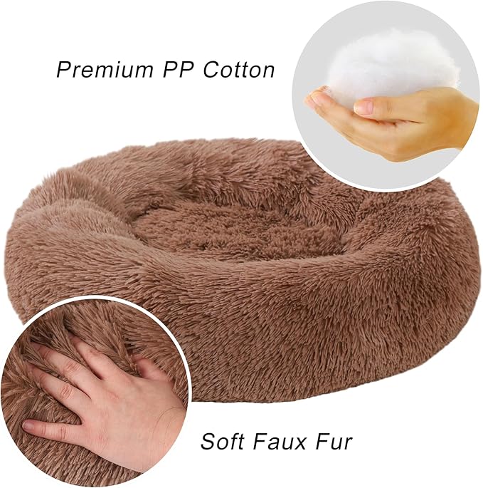 Calming Dog Bed, Dog Beds Fits up to 45 lbs Pets, Fluffy Donut Dog & Cat Bed Washable, Round Anti Anxiety Dog Bed, Small Dog Bed with Non-Slip Bottom (Khaki, 31" x 31")