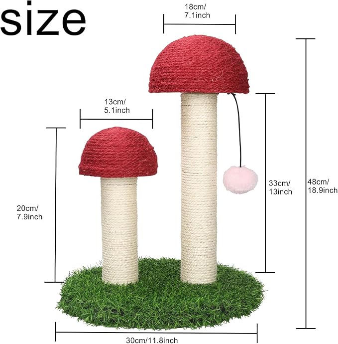 Mushroom Cat Scratching Post, Natural Durable Sisal Scratching Post, Mushroom Scrather Featuring with Sisal Caps Scratch Pole and Interactive Toy Ball, Mushroom Cat Post for Kittens and Small Cats