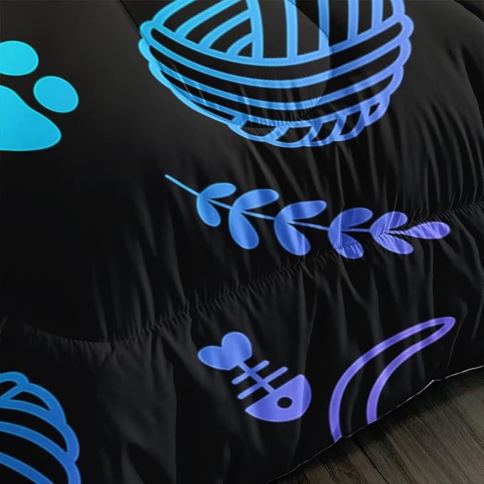 Black Cat Bedding Cartoon Cat Comforter Set Twin,Neon Cat Paw Ball of Yarn Printed Kids Bedding for Cat Lover Boys Girls Adults Room Decor,Kids Comforter,1 Quilt 2 Pillow Cases,Neon Color Purple Blue