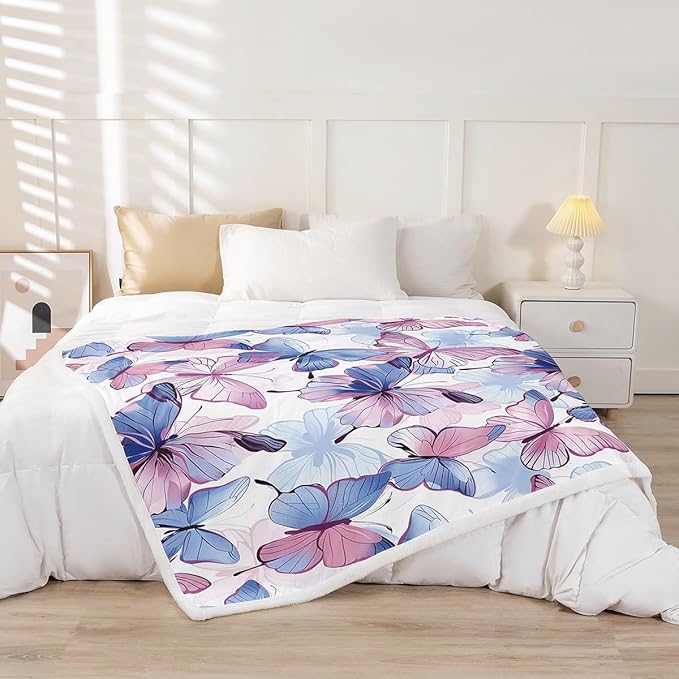 Butterfly Plush Blanket Butterflies Print Fleece Throw Blanket for Sofa Couch Bed Flying s Pattern Sherpa Blanket 3D Animal Theme Fuzzy Blanket Purple Blue Room Decor Baby 30x40 Inch