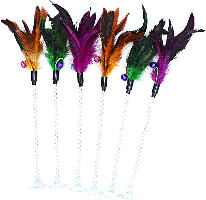 IUHKBH Cat Feather Wands, 6 PCS Spring Cat Wands with Bell Sucker Interactive Cat Teaser Wands for Cat and Kitten
