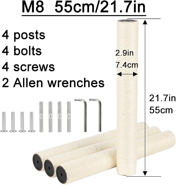 4 Pcs 2.9in 7.4cm Diameter Cat Tree Scratching Post Replacement Parts Sisal Pole (M8, 21.7in/55cm)