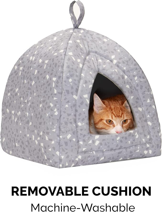 Furhaven Cat Bed Cave for Indoor Cats & Small Dogs, Washable & Foldable w/ Removable Cushion - Polycanvas Print Pet Tent - Gray Terazzo, Small