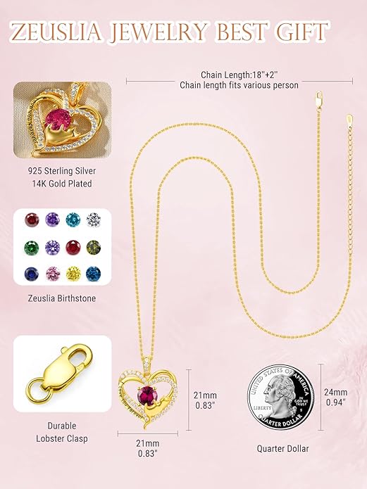 Birthstone Cat Necklaces,925 Sterling Silver Cat Necklace Heart Pendant for Women,Dainty Animal Jewelry for Her,Wedding Anniversary Birthday Gifts for Women Mom Grandma